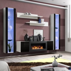 Hanging wall unit FLY M2 with biofireplace and lighting - White / Black Hanging wall unit FLY M2 with biofireplace and lighting - White / Black