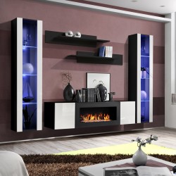 Hanging wall unit FLY M2 with biofireplace and lighting - Black / White Hanging wall unit FLY M2 with biofireplace and lighting - Black / White