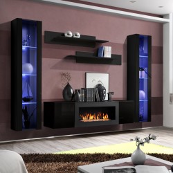 Hanging wall unit FLY M2 with biofireplace and lighting - Black  Hanging wall unit FLY M2 with biofireplace and lighting - Black