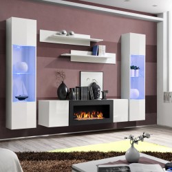 Hanging wall unit FLY M3 with biofireplace and lighting - White Hanging wall unit FLY M3 with biofireplace and lighting - White