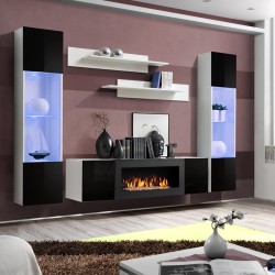 Hanging wall unit FLY M3 with biofireplace and lighting - White/Black Hanging wall unit FLY M3 with biofireplace and lighting - White/Black