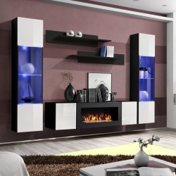 Hanging wall unit FLY M3 with biofireplace and lighting - Black / White Hanging wall unit FLY M3 with biofireplace and lighting - Black / White