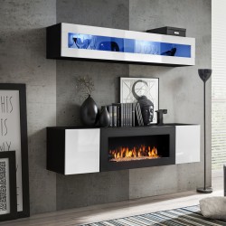 Hanging wall unit FLY N2 with biofireplace and lighting - Black / White Hanging wall unit FLY N2 with biofireplace and lighting - Black / White
