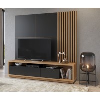 Стенка CELINE 09 с ламелями и панелью под ТВ,  Дуб Вотан / Черный матовый