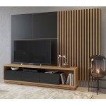 Стенка CELINE 10 с ламелями и панелью под ТВ, Дуб Вотан / Черный матовый