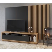 Стенка CELINE 10 с ламелями и панелью под ТВ, Дуб Вотан / Черный матовый