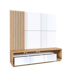 מזנון לסלון CELINE 09 עם חיפוי קיר ופאנל לטלוויזיה, אלון ווטן / לבן מבריק מזנון לסלון CELINE 09 עם חיפוי קיר ופאנל לטלוויזיה, אלון ווטן / לבן מבריק