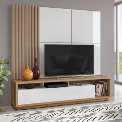 CELINE 09 Wall Unit with Slats and TV Panel, Wotan Oak / White Glossy  CELINE 09 Wall Unit with Slats and TV Panel, Wotan Oak / White Glossy