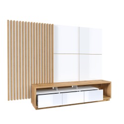 מזנון לסלון CELINE 10 עם חיפוי קיר ופאנל לטלוויזיה, אלון ווטן / לבן מבריק מזנון לסלון CELINE 10 עם חיפוי קיר ופאנל לטלוויזיה, אלון ווטן / לבן מבריק