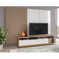 מזנון לסלון CELINE 10 עם חיפוי קיר ופאנל לטלוויזיה,  אלון ווטן / לבן מבריק