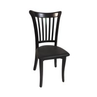 A wooden chair with a seat upholstered in imitation leather