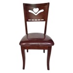 A wooden chair with a seat upholstered in imitation leather